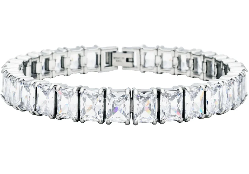 Women’s diamond bangle-Mens Stainless Steel Tennis Bracelet with Cubic Zirconia