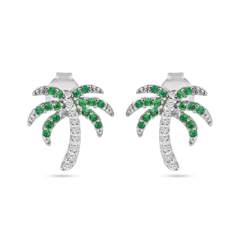 Women’s affordable earrings-Silver 925 Rhodium Plated PalmTree Clear, Green and Black CZ Stud Earrings