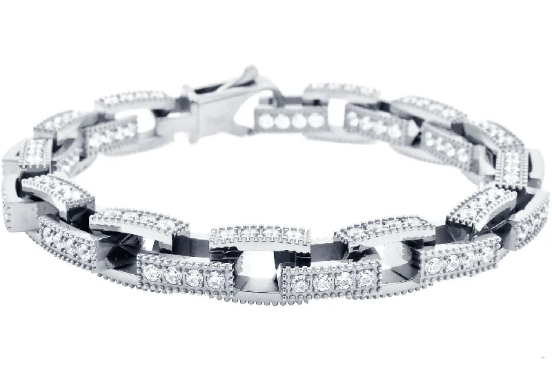 Women’s trendy bangle-Mens Stainless Steel Square Link Chain Bracelet with Cubic Zirconia