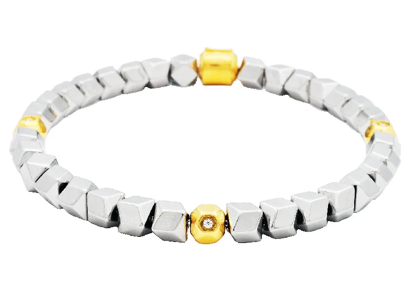 Women’s art deco bracelet-Men's Two Tone Gold Stainless Steel Beaded Bracelet With Cubic Zirconia