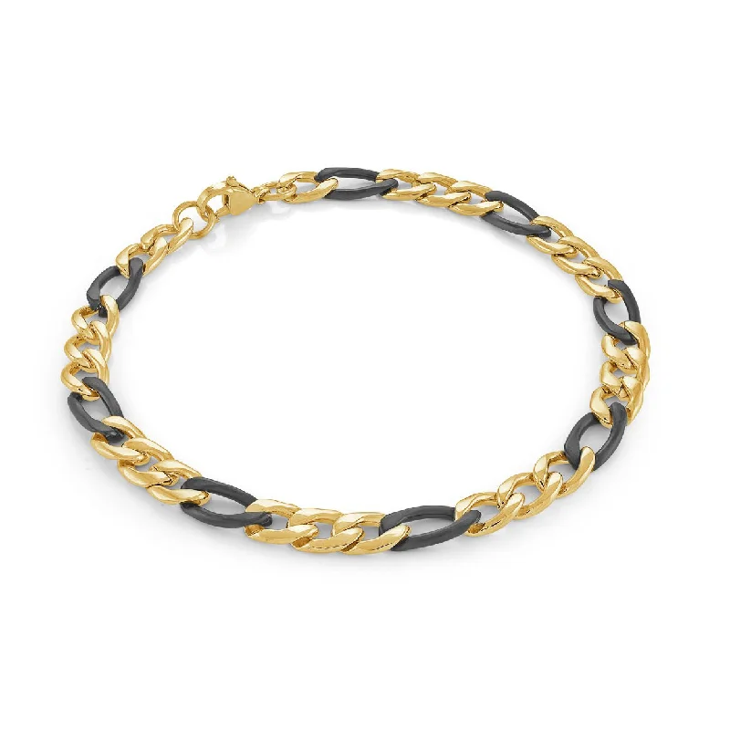 Women’s leather bracelet-IP Black and Yellow Gold Men's Figaro Chain Bracelet