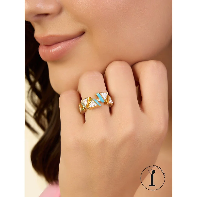 Women’s square ring-Isharya Blue Triangles Infinity Ring In 18Kt Gold Plated