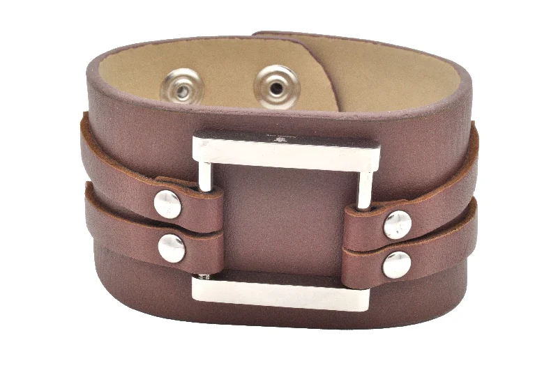 Women’s classic bracelet-Mens Brown Leather Stainless Steel Bracelet