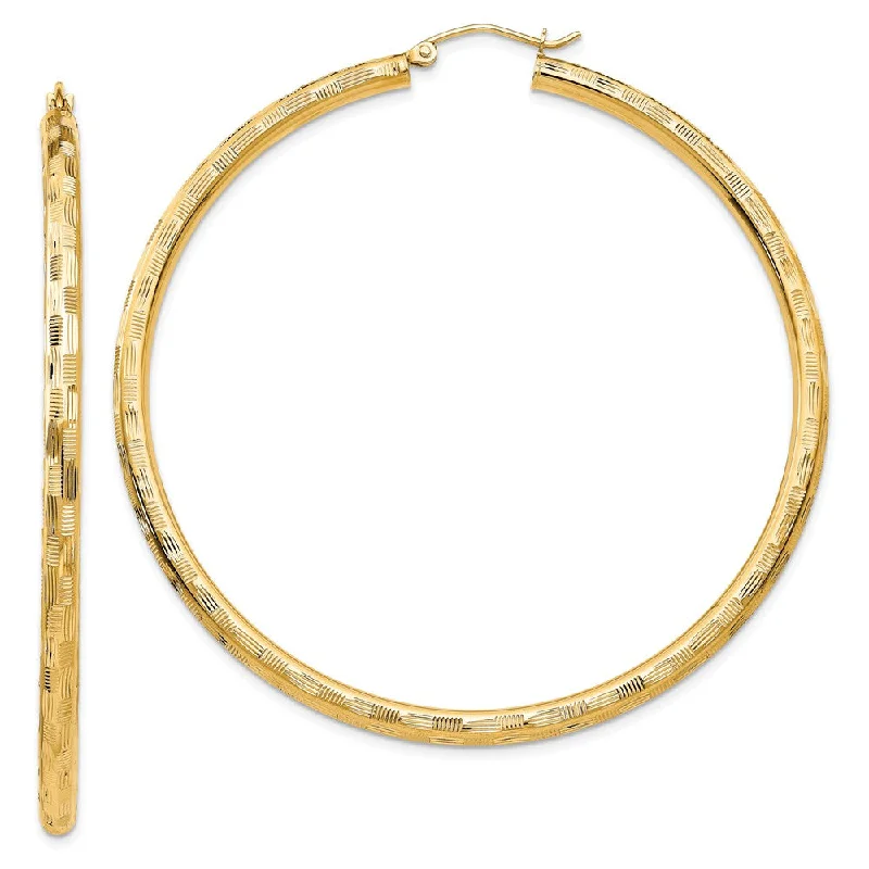 Women’s funky earrings-3mm x 60mm 14k Yellow Gold Textured Round Hoop Earrings