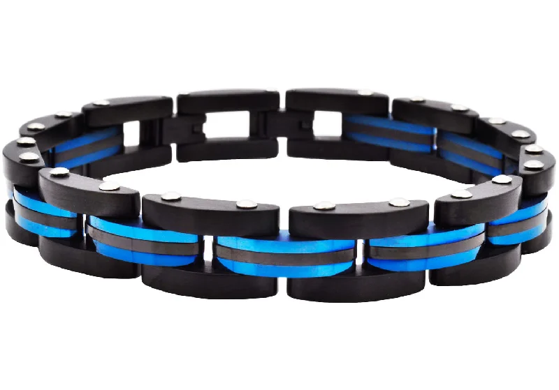 Women’s modern bracelet-Mens Two Toned Striped Black and Blue Stainless Steel Bracelet