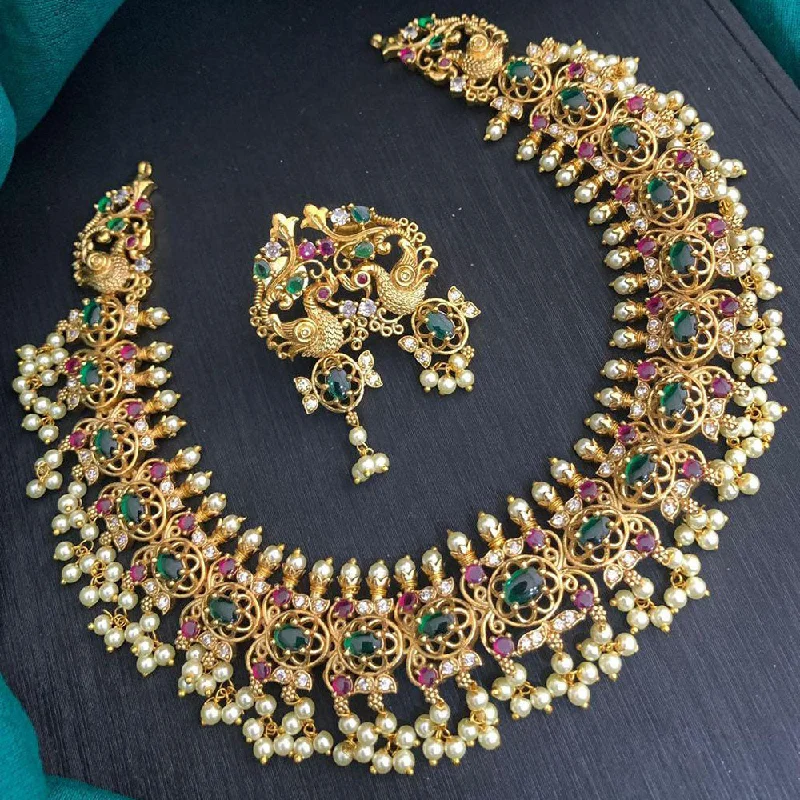 Women’s moon necklace-Royal Kundan Jewellery Gold Plated Pota Stone And Pearls Necklace Set