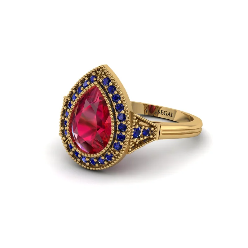 Women’s cathedral engagement ring-Pear Cut Ruby Milgrain Halo Engagement Ring - Daleyza No. 70