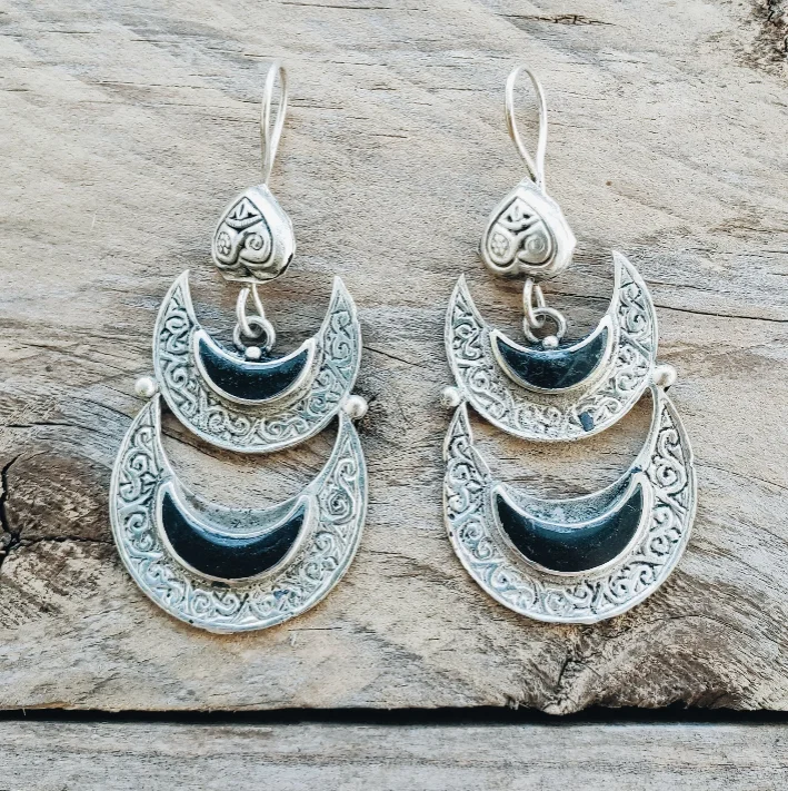 Women’s sapphire earrings-Double Crescent Kuchi Tribal Earrings