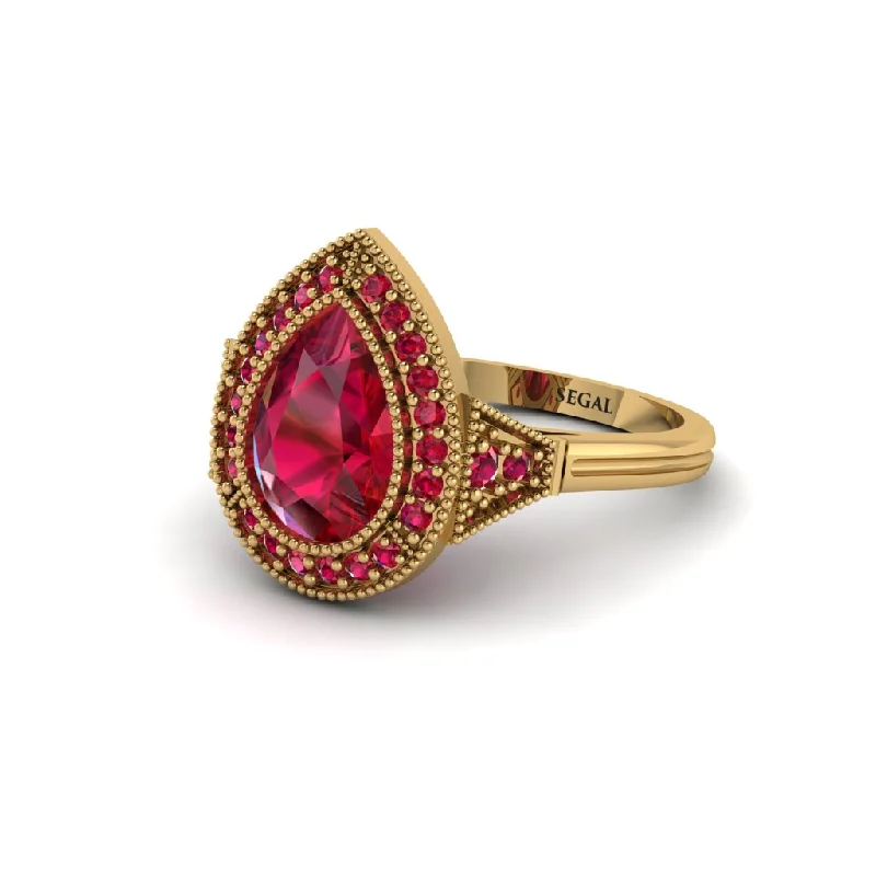 Women’s eternity engagement ring-Pear Cut Ruby Milgrain Halo Engagement Ring - Daleyza No. 55