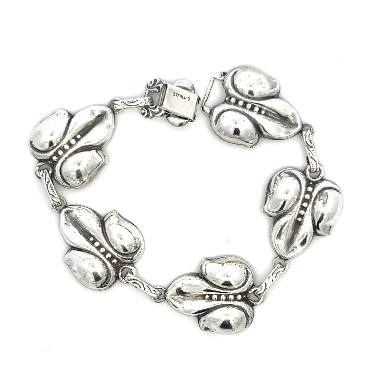 Women’s thick bracelet-Estate Sterling Silver Flower Link Bracelet