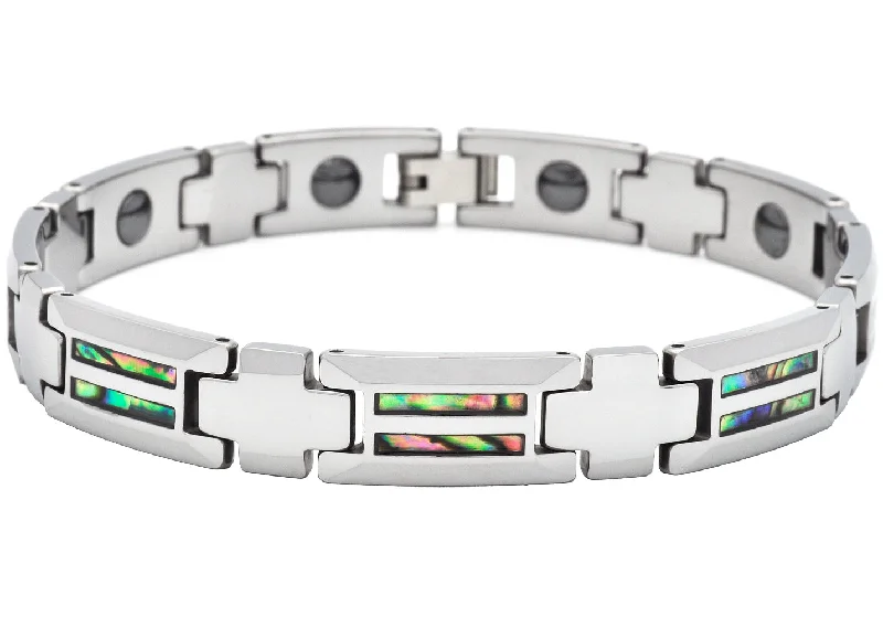 Women’s layered bracelet-Mens Tungsten Link Bracelet With Genuine Opal Inlay