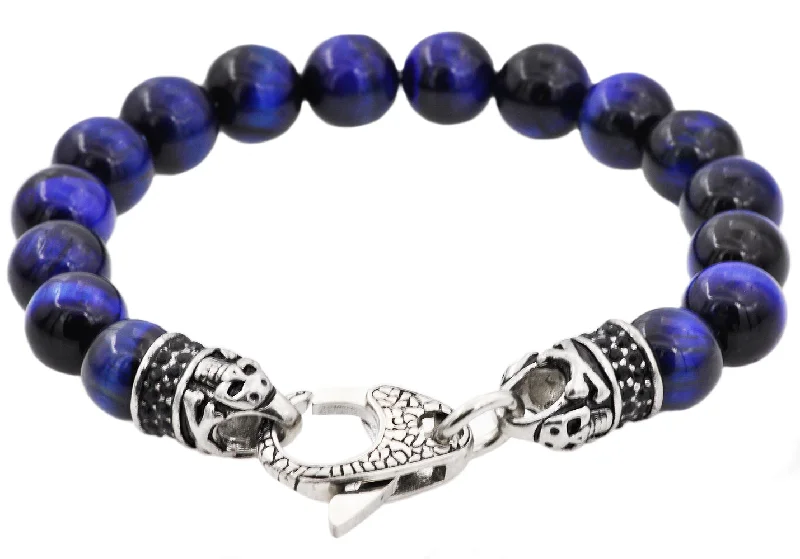 Women’s colorful bracelet-Mens Genuine Blue Tiger Eye Stainless Steel Beaded Bracelet With Black Cubic Zirconia