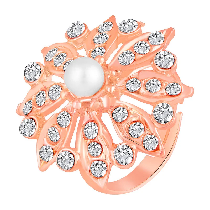 Women’s pearl ring-Mahi Rose Gold Plated Floral Look Adjustable Finger Ring with White Artificial Pearl & Crystal for Women (FR1103191ZWhi)