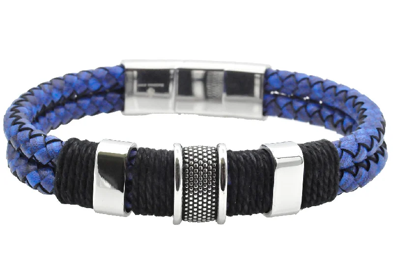 Women’s fashion bangle-Mens Double Strand Genuine Blue Distressed Leather Stainless Steel Bracelet