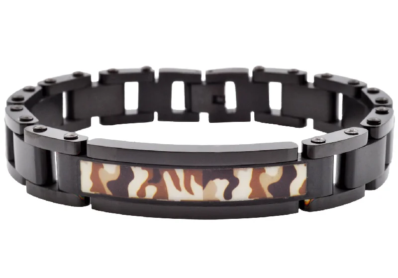 Women’s leather bracelet-Mens Black Stainless Steel Brown Camo ID Bracelet