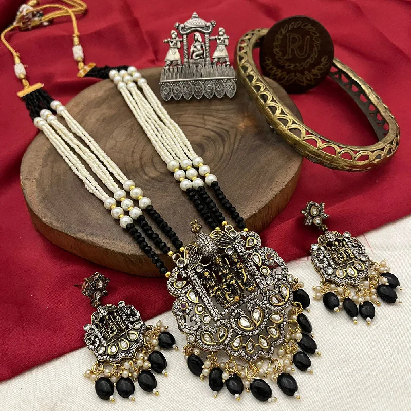 Women’s chic necklace-Fs Collection 2 Tone Plated Polki Kundan Stone And Pearls Temple Long Necklace Set