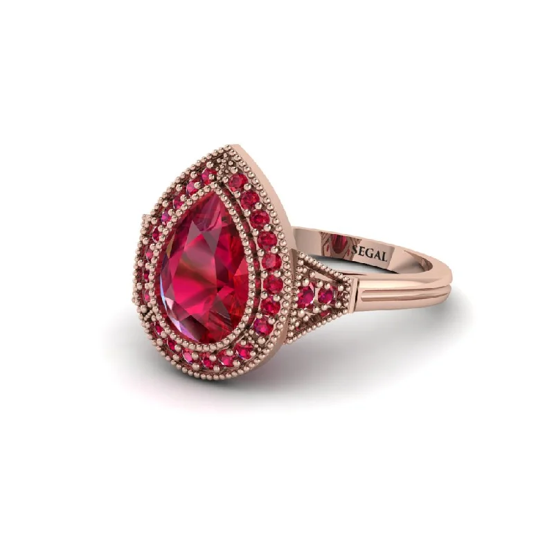 Women’s gemstone halo engagement ring-Pear Cut Ruby Milgrain Halo Engagement Ring - Daleyza No. 56