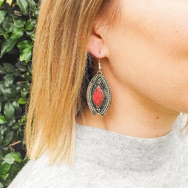 Women’s casual earrings-Tribal Drop Earrings - Red Stone