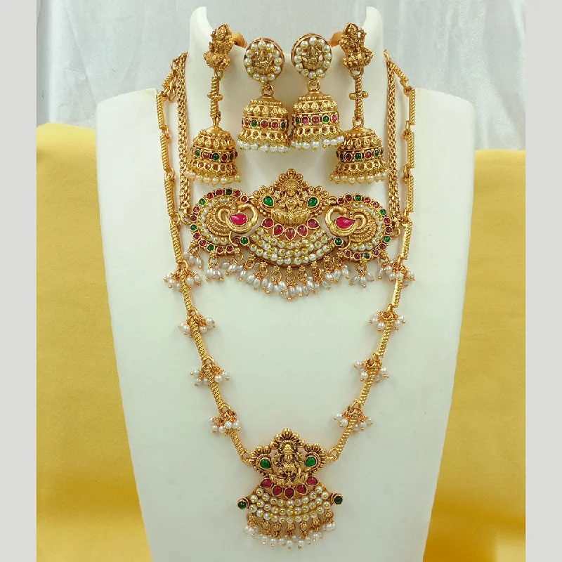 Women’s birthstone pendant necklace-Joyful Jewel Art Matte Gold Plated Kundan Stone And Temple Double Necklace Set