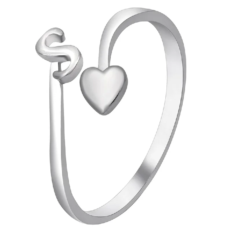 Women’s statement ring-Mahi Rhodium Plated 'S' Initial and Heart Adjustable Finger Ring for Women (FR1103121R)