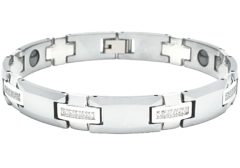 Women’s sterling silver cuff bracelet-Mens Tungsten Link Bracelet With Cubic Zirconia