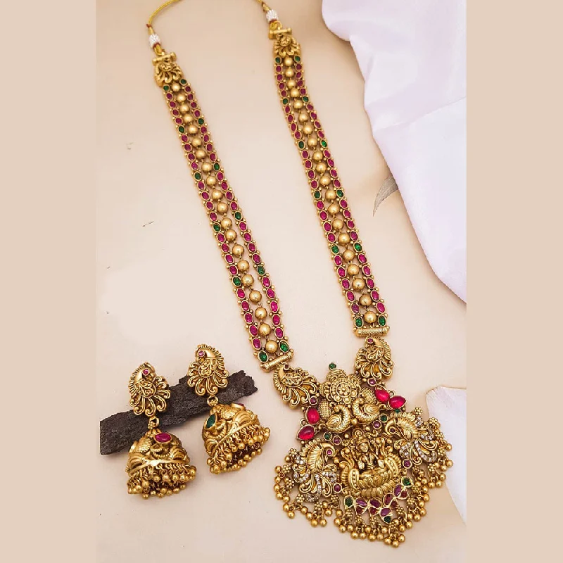 Women’s anniversary necklace-Sangita Creation  Copper Gold  Pota Stone Temple Long  Necklace Set