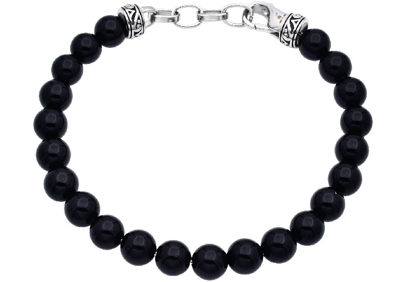 Women’s engraved silver bracelet-Mens Genuine 8mm Onyx Stainless Steel Beaded Bracelet