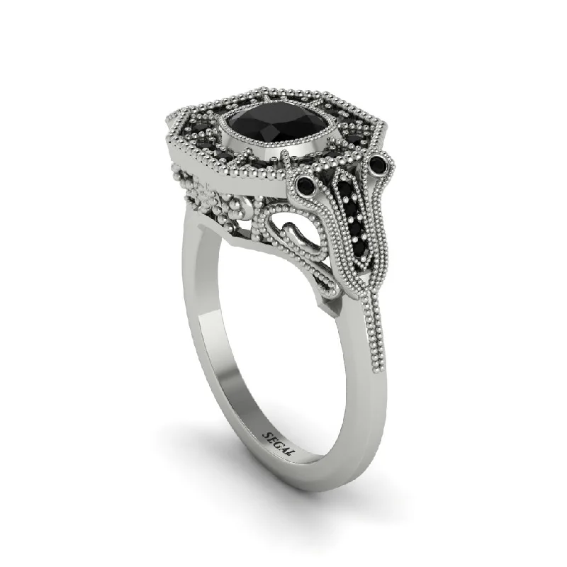 Women’s wedding diamond ring-Black Diamond Cushion Cut Art Deco Engagement Ring - Kristin No. 39