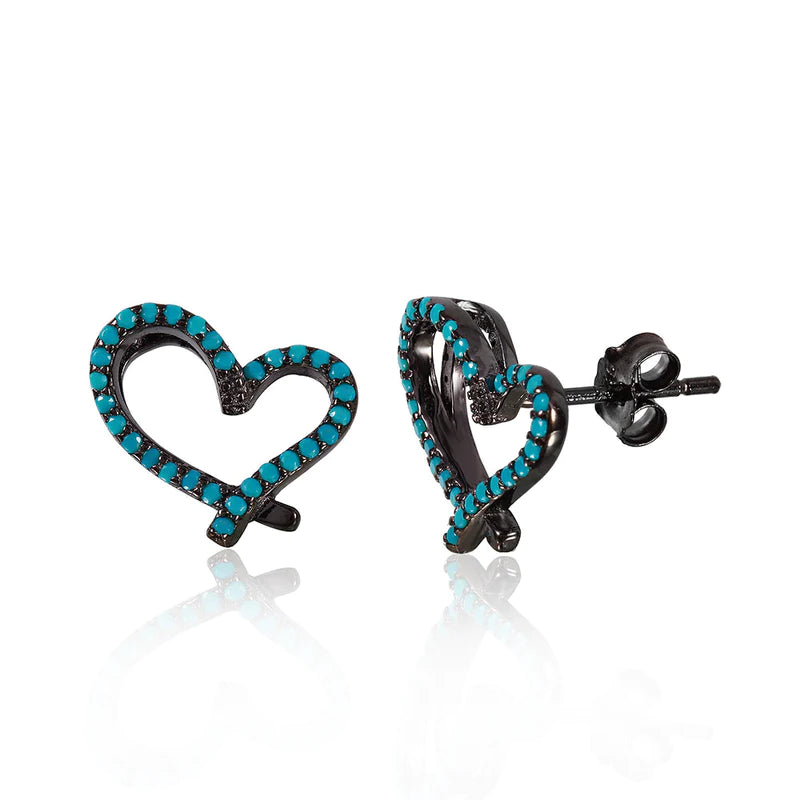 Women’s square earrings-Silver 925 Black Rhodium Plated Open Heart Stud Earrings With turquoise Stone