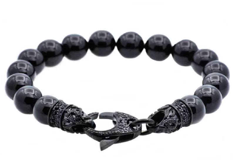 Women’s rose gold bracelet-Mens Genuine Onyx Black Stainless Steel Beaded Bracelet With Black Cubic Zirconia