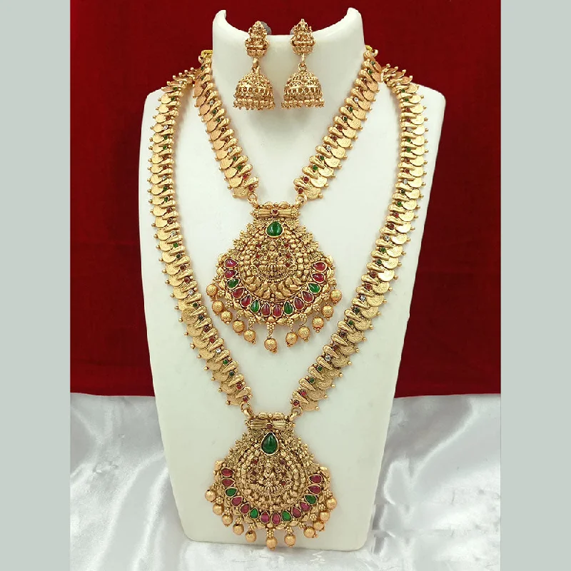 Women’s vintage necklace-Joyful Jewel Art Matte Gold Plated Kundan Stone And Temple Double Necklace Set