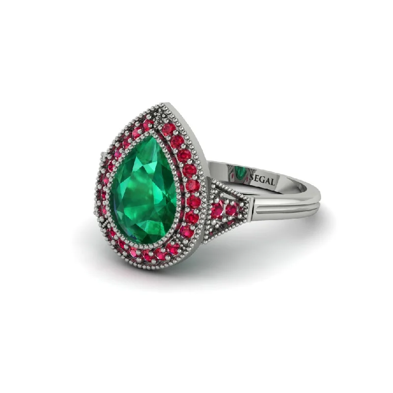 Women’s vintage-inspired engagement ring-Pear Cut Emerald Milgrain Halo Engagement Ring - Daleyza No. 51