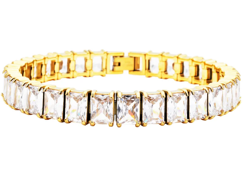 Women’s engraved bracelet-Mens Gold Stainless Steel Tennis Bracelet with Cubic Zirconia