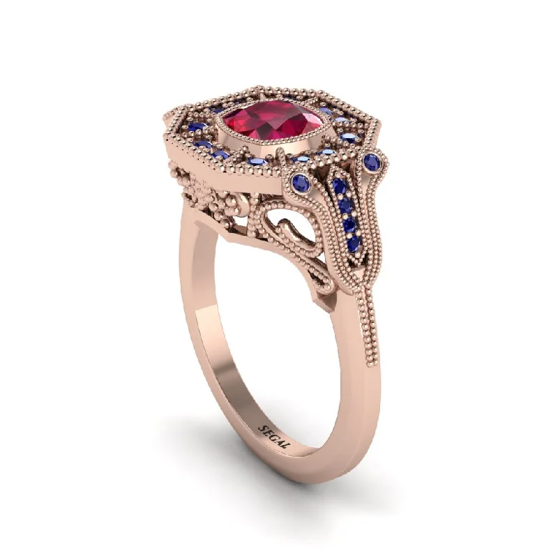 Women’s custom wedding engagement ring-Ruby Cushion Cut Art Deco Engagement Ring - Kristin No. 71