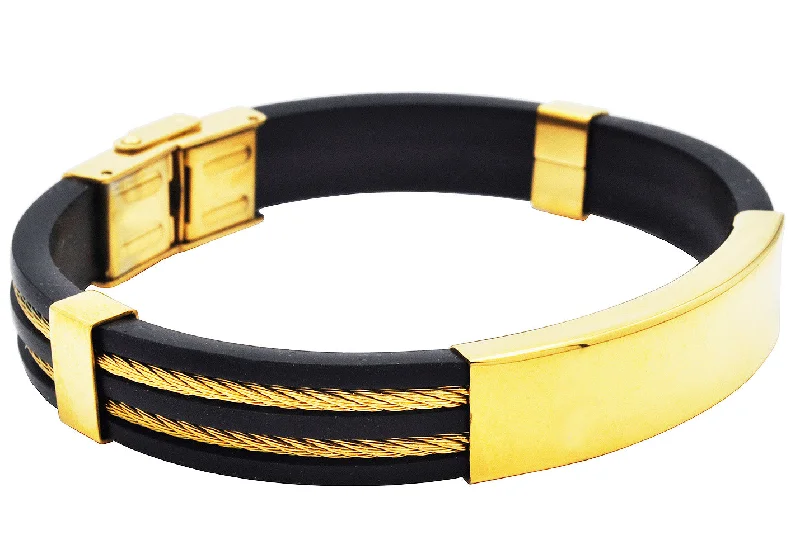 Women’s wire bracelet-Mens Black Silicone Gold Stainless Steel Wire Bangle  ID Bracelet