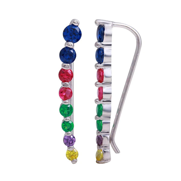 Women’s bridal earrings-Sterling Silver 925 Rhodium Plated Round Multi-Colored CZ Stone Climbing Earrings