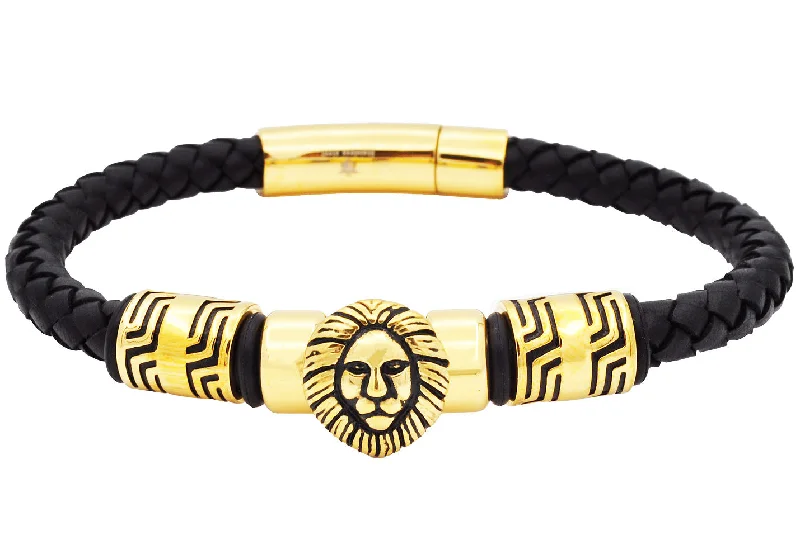 Women’s statement bangle-Mens Lion's Head Black Leather Gold Stainless Steel Bracelet