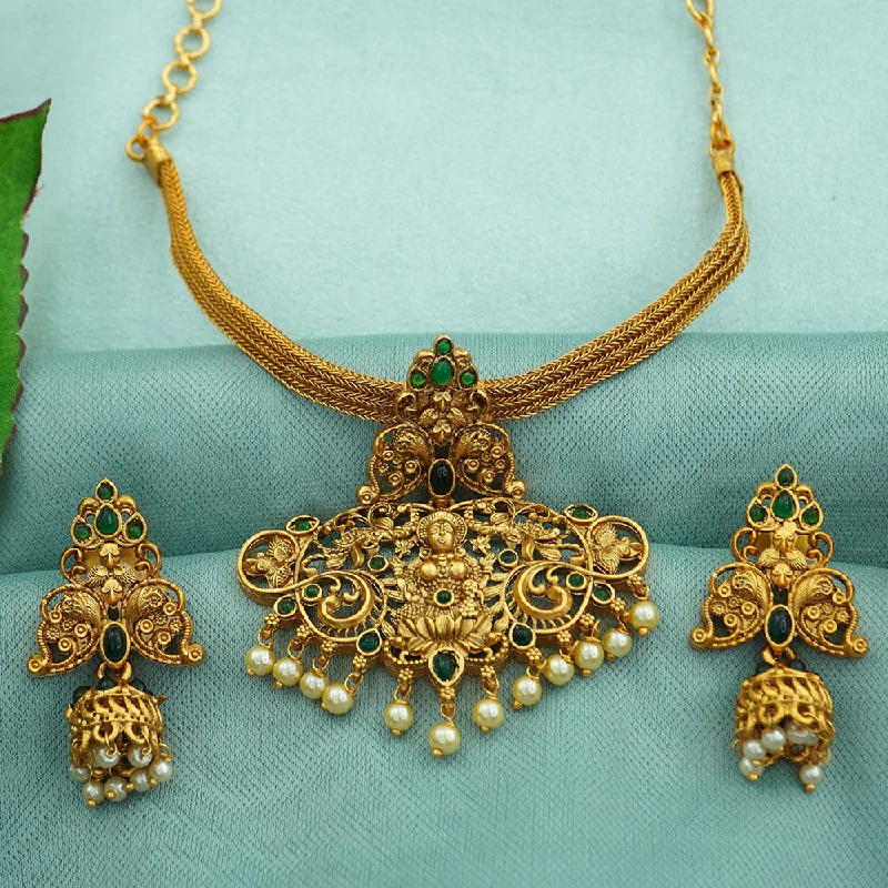 Women’s pearl necklace-Diksha Collection Gold Plated Pota Stone Temple Necklace Set