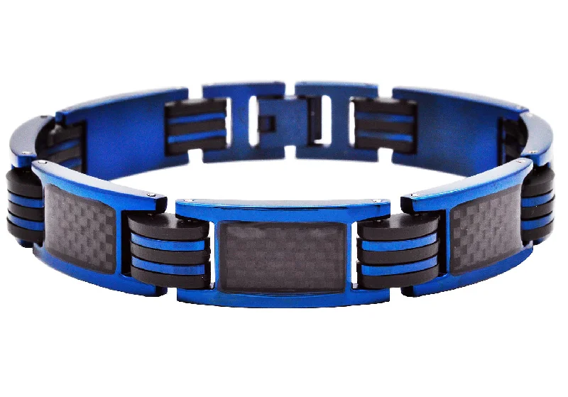 Women’s simple bangle-Men's Blue Stainless Steel & Silicone Bracelet With Black Carbon Fiber