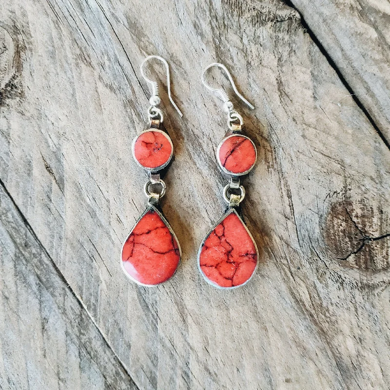 Women’s square earrings-Tribal Red Stone Earrings