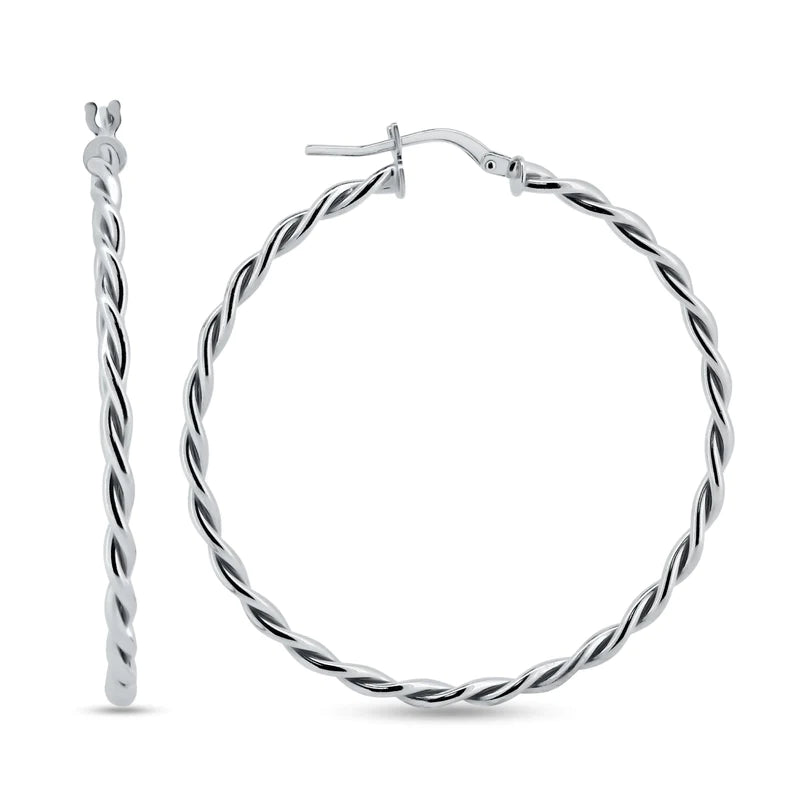 Women’s infinity earrings-Silver 925 Rhodium Plated Silver Twisted Hoop Earrings