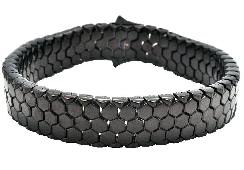 Women’s luxury bracelet-Mens Honey Comb Texture Black Plated Stainless Steel Bracelet