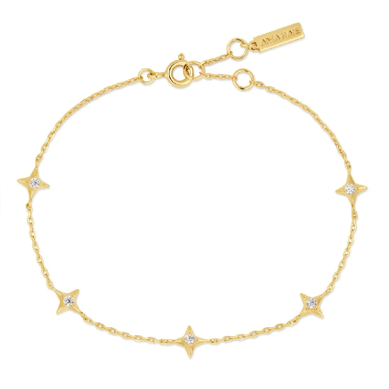 Women’s gemstone bracelet-Sterling Silver & 14K Yellow Gold Plated Cubic Zirconia Star Station Bracelet by Ania Haie