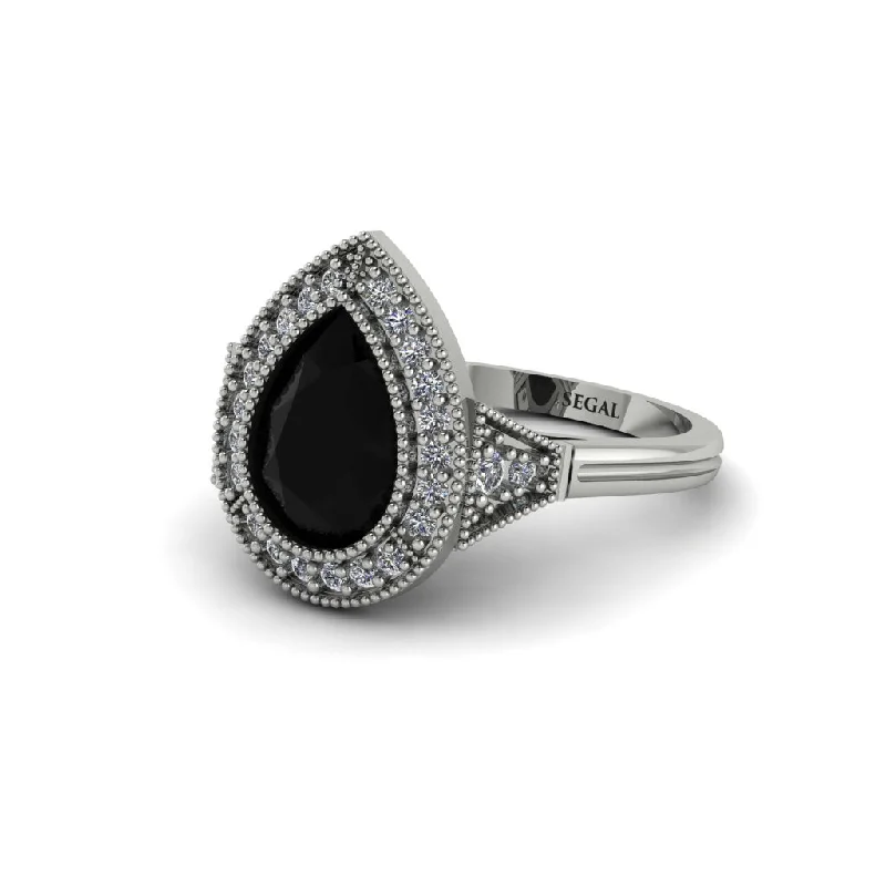 Women’s unique engagement ring-Pear Cut Black Diamond Milgrain Halo Engagement Ring - Daleyza No. 9