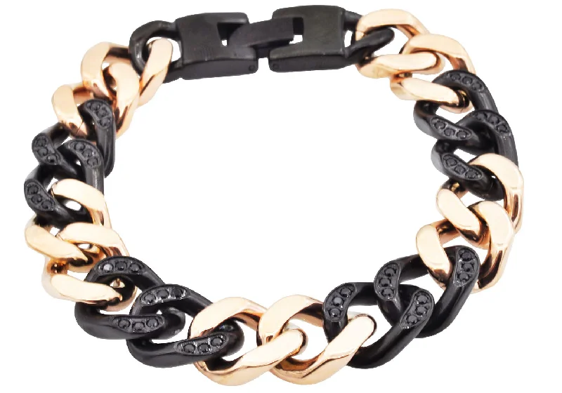 Women’s pearl bracelet-Mens Black And Rose Gold Stainless Steel Curb Link Chain Bracelet With Cubic Zirconia