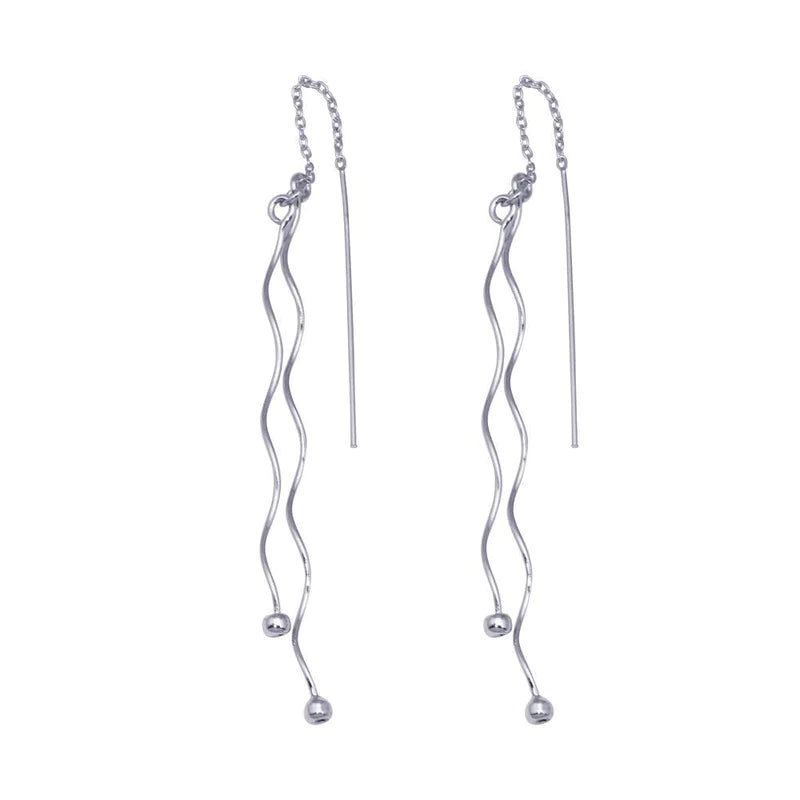 Women’s elegant stud earrings-Silver 925 Rhodium Plated Two Twisted Wire Threaded Hanging Ball Hook Earrings