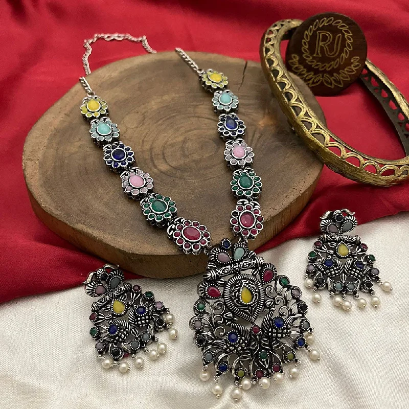 Women’s chic necklace-FS Collection Oxidised Plated Pota Stone And Pearls Necklace Set