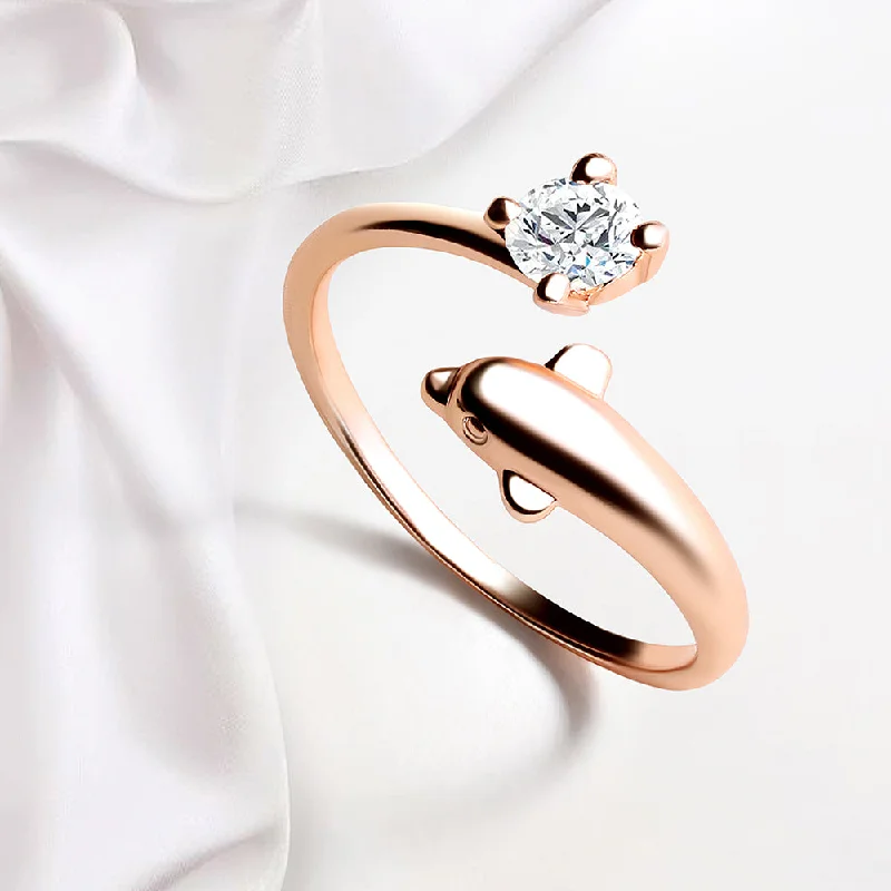 Women’s handcrafted ring-Mahi Rose Gold Plated Dolphin Shaped Adjustable Finger Ring with Cubic Zirconia for Women (FR1103167ZWhi)