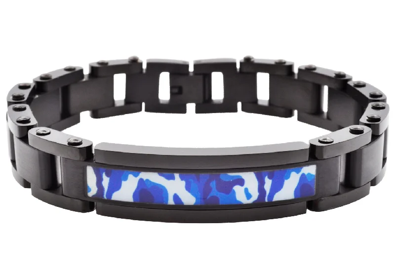 Women’s heart-shaped bangle-Mens Black Stainless Steel Blue Camo ID Link Bracelet