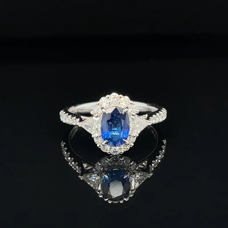 Women’s floral engagement ring-Blue Sapphire & Diamond Cluster Engagement Anniversary Ring in 18k White Gold - #547 - #RGSAP217443